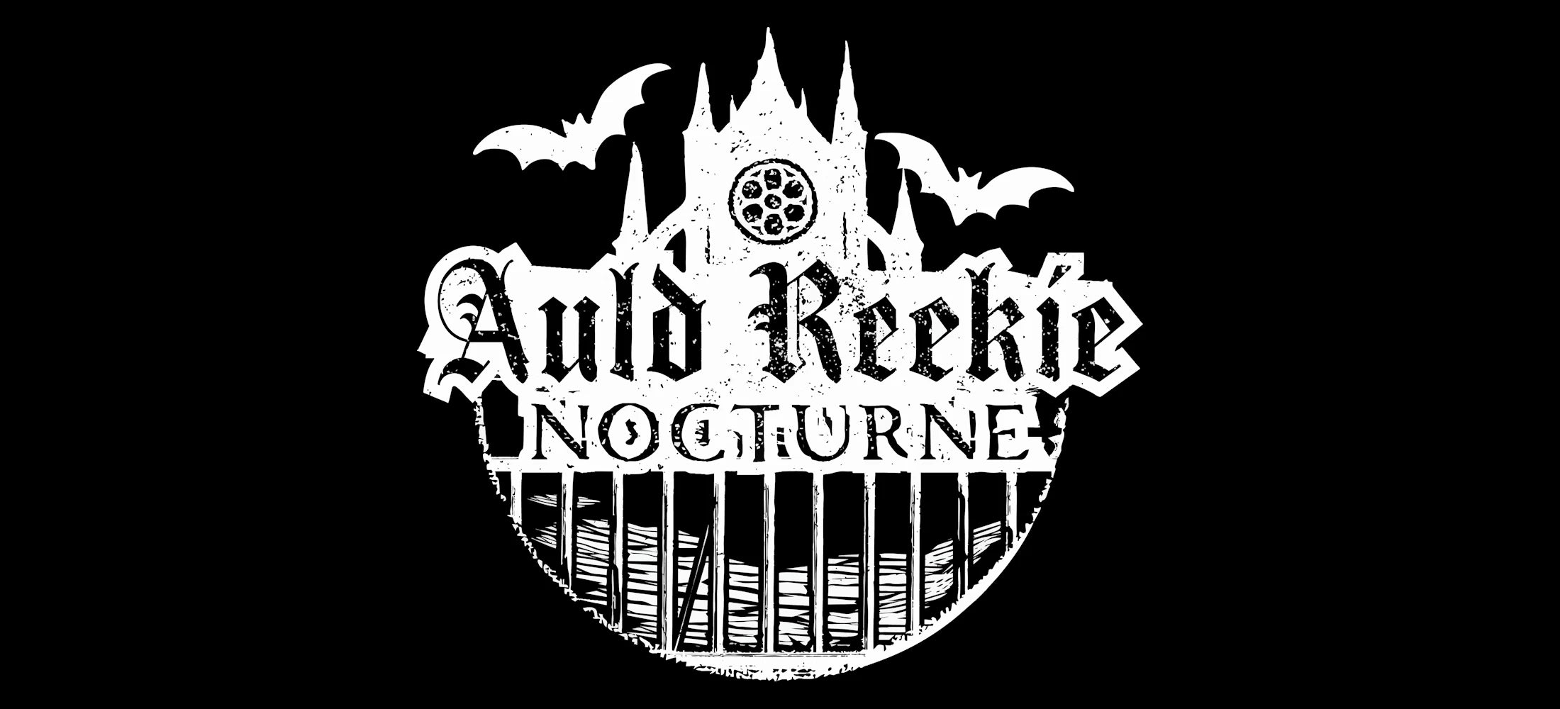 Auld reekie nocturne logo with chruch and bats in white