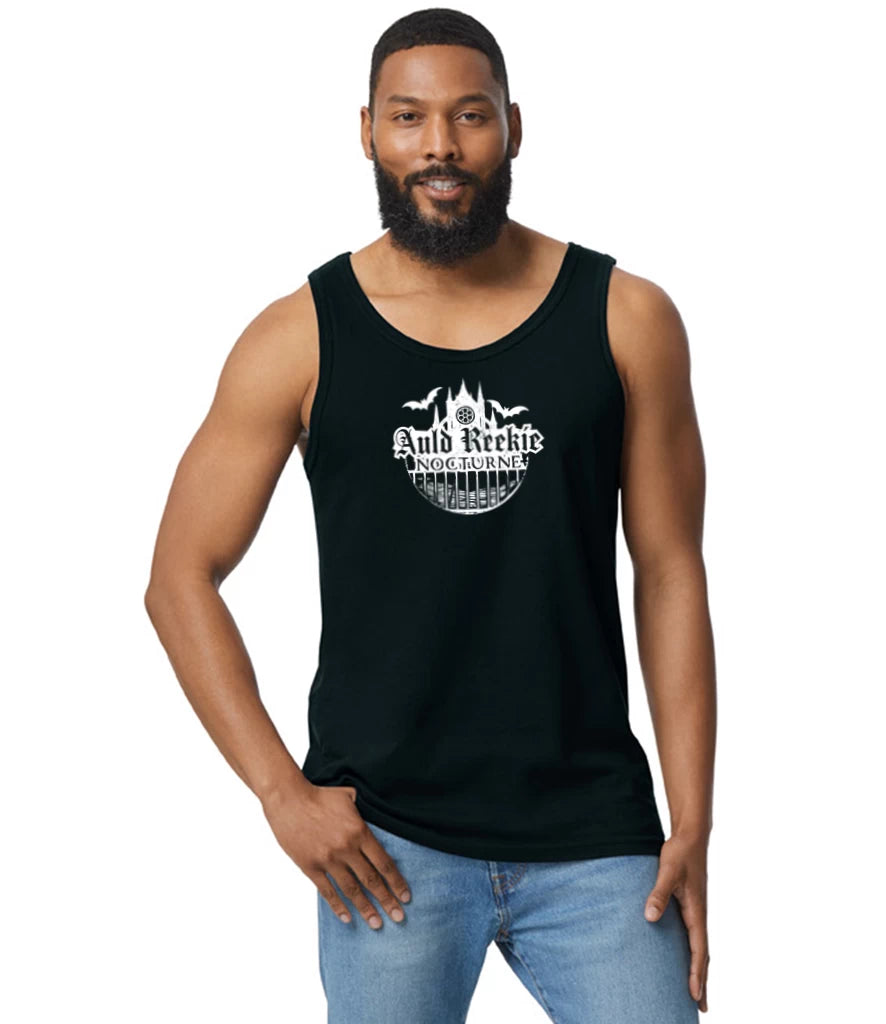 Man wearing a black tank top with a white graphic design on a white background
