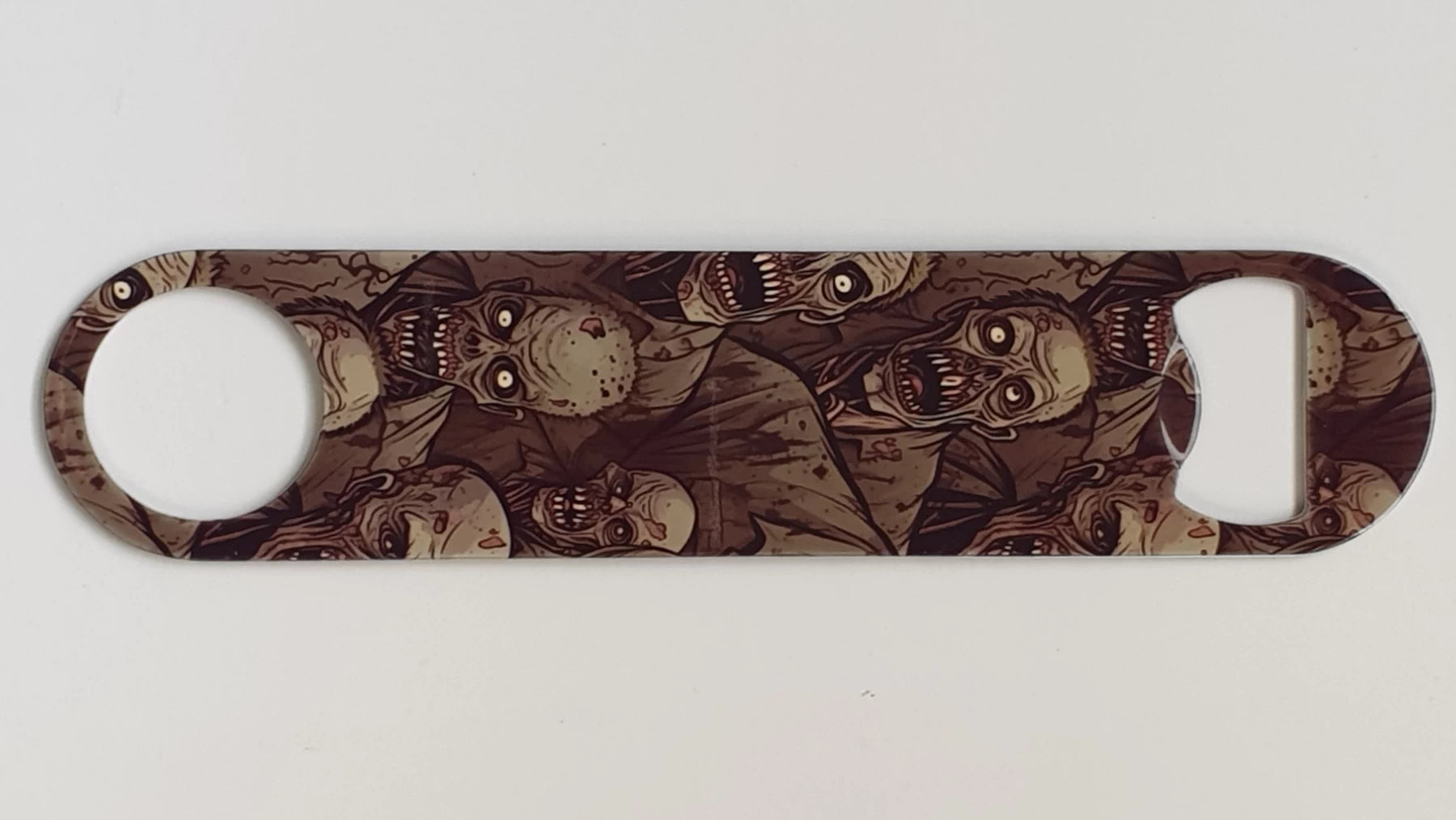 Out of the box merchandise custom printed bar blade with an image of zombies on it for a before and after comparison image.