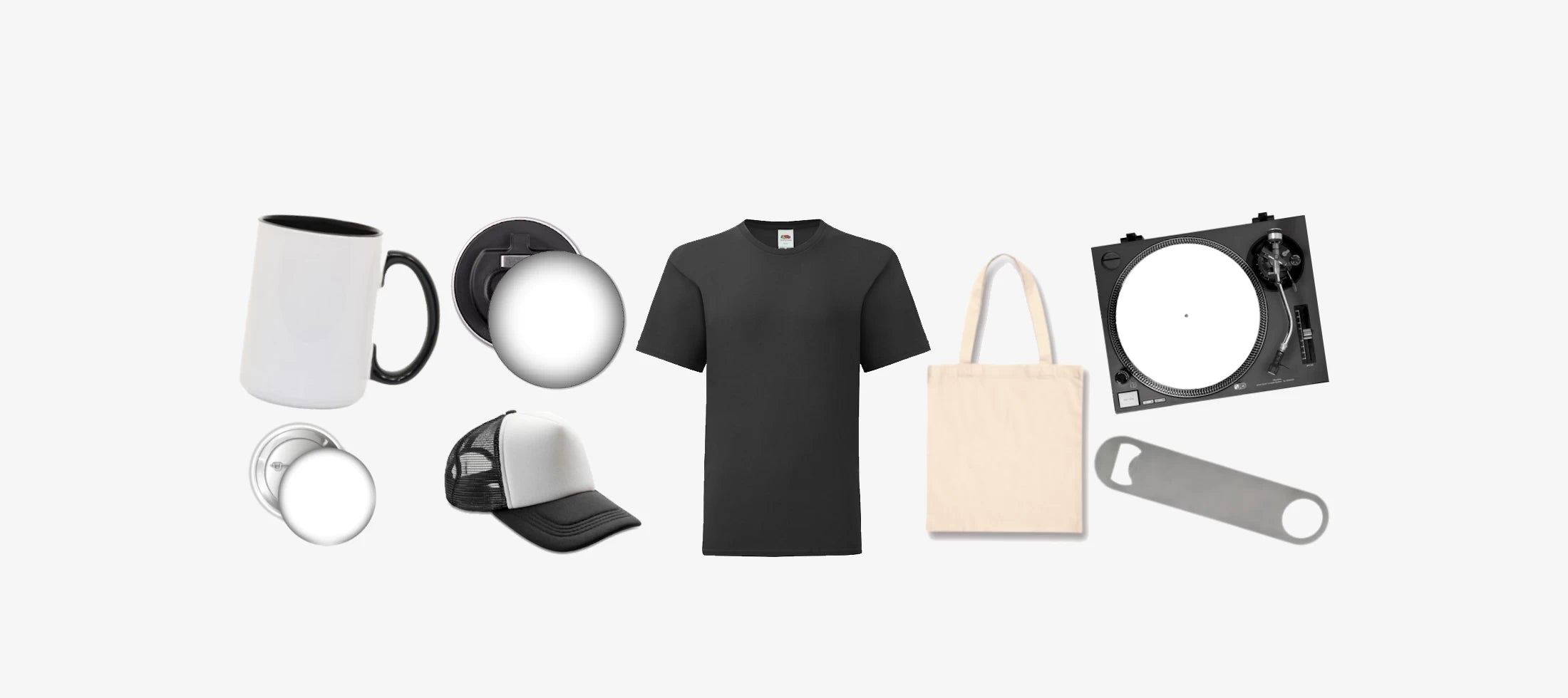 Out of the box merchandise web banner with grey background, a number of custom merchandise ideas such as mugs, badges, bottle openers, trucker caps. t-shirts, tote bags, turntable slipmats and bar blades.