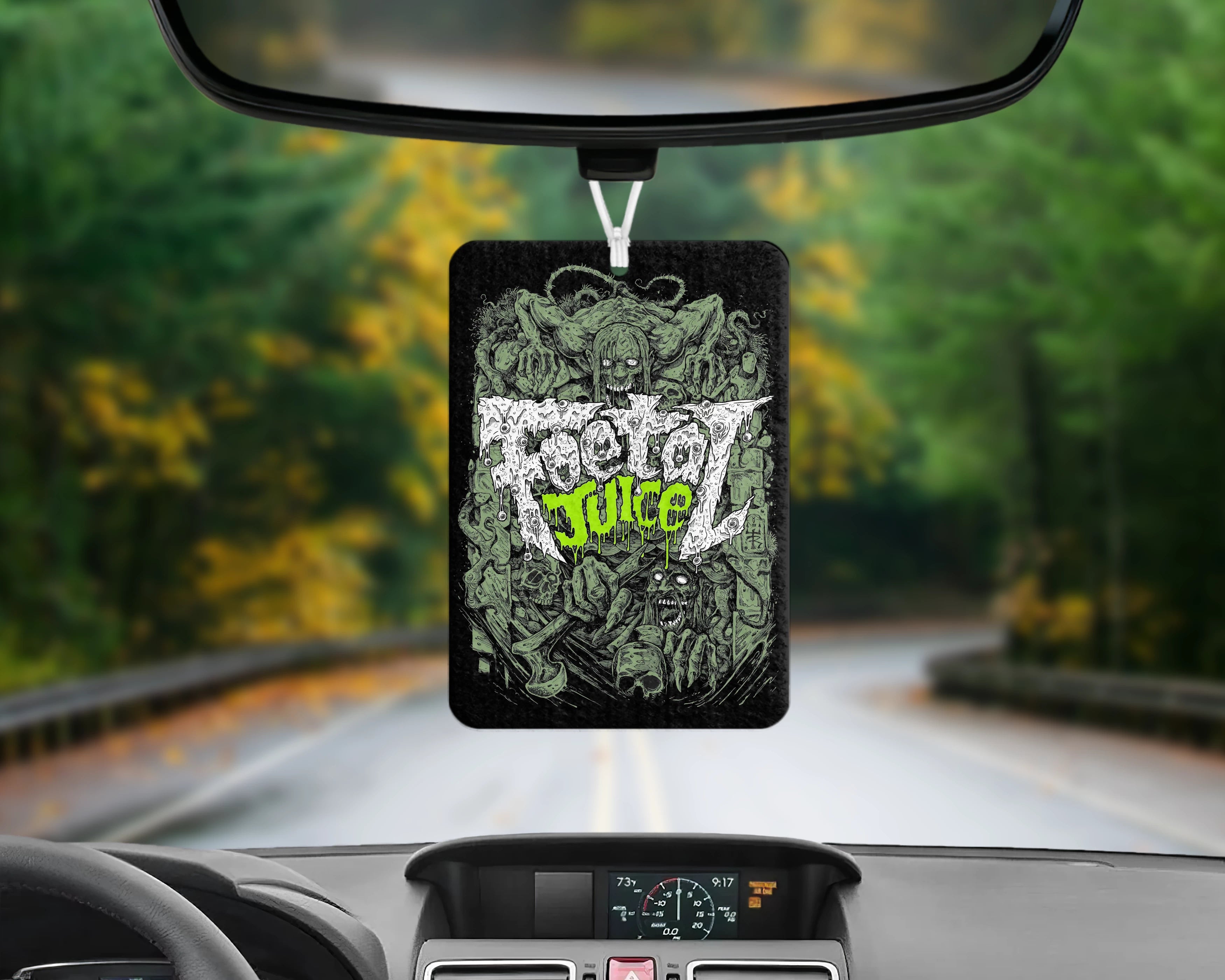 Hang up the official Foetal Juice 'More Hate More Hell' green air freshener in your car, and keep it smelling fresh.