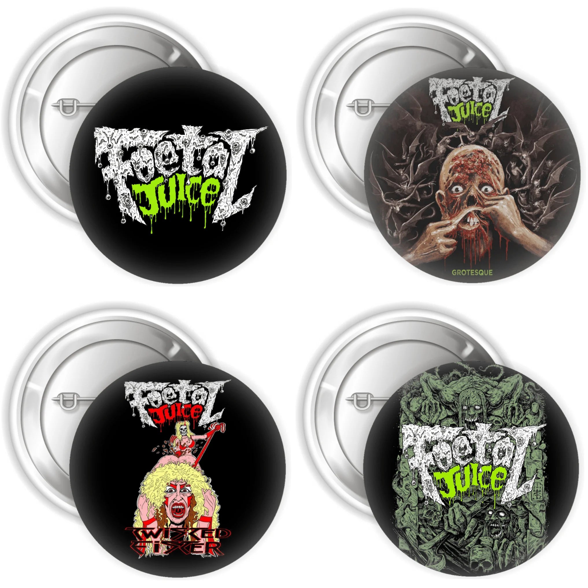 Grab the 4 piece badge pack from Foetal Juice, pin them to your bags and jackets.
