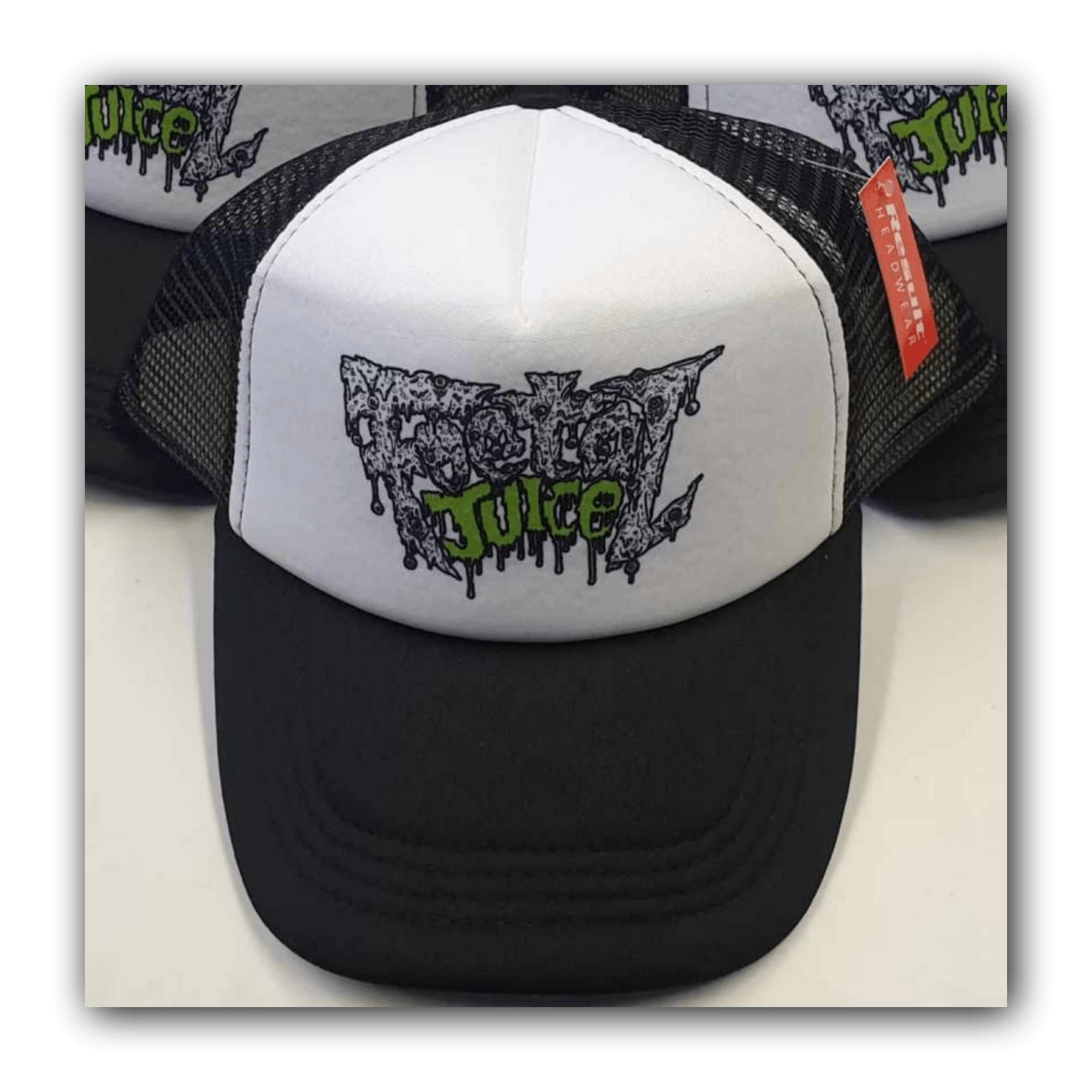 Black Foetal Juice trucker cap with logo print on the front.
