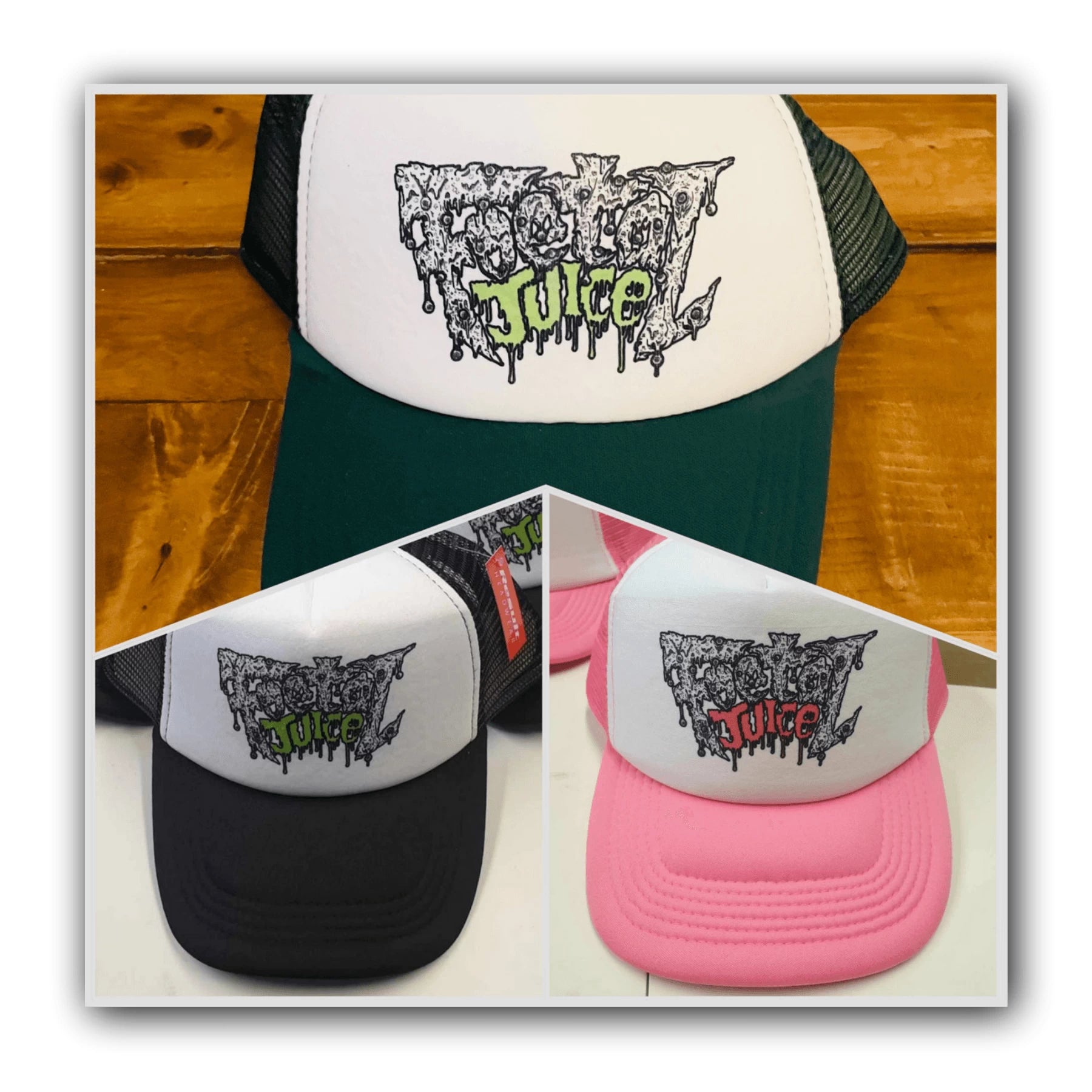 Green, black and pink Foetal Juice trucker caps with logo print on the front.