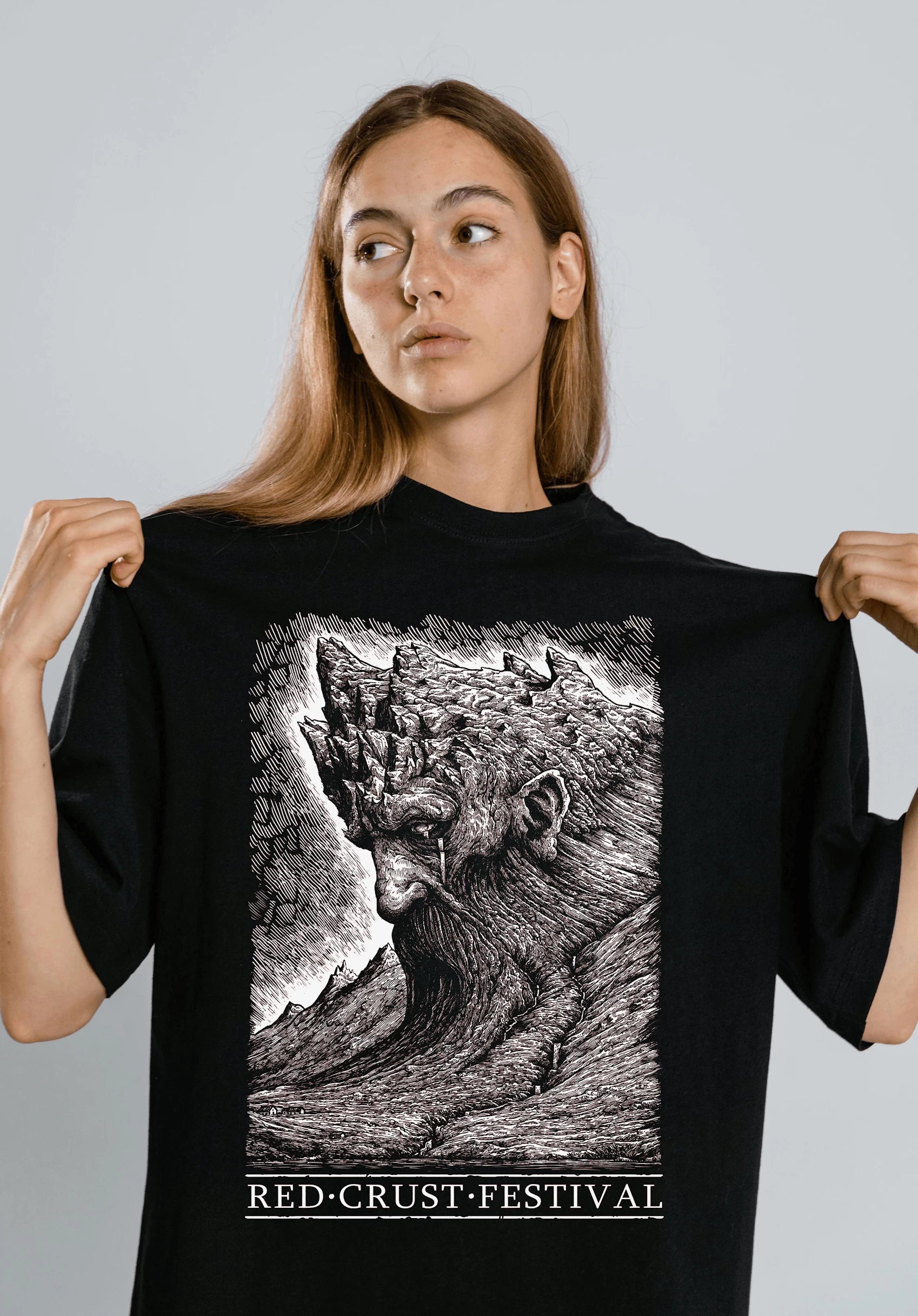 The official Red Crust festival T-shirt
with the white design by Hester Aspland.