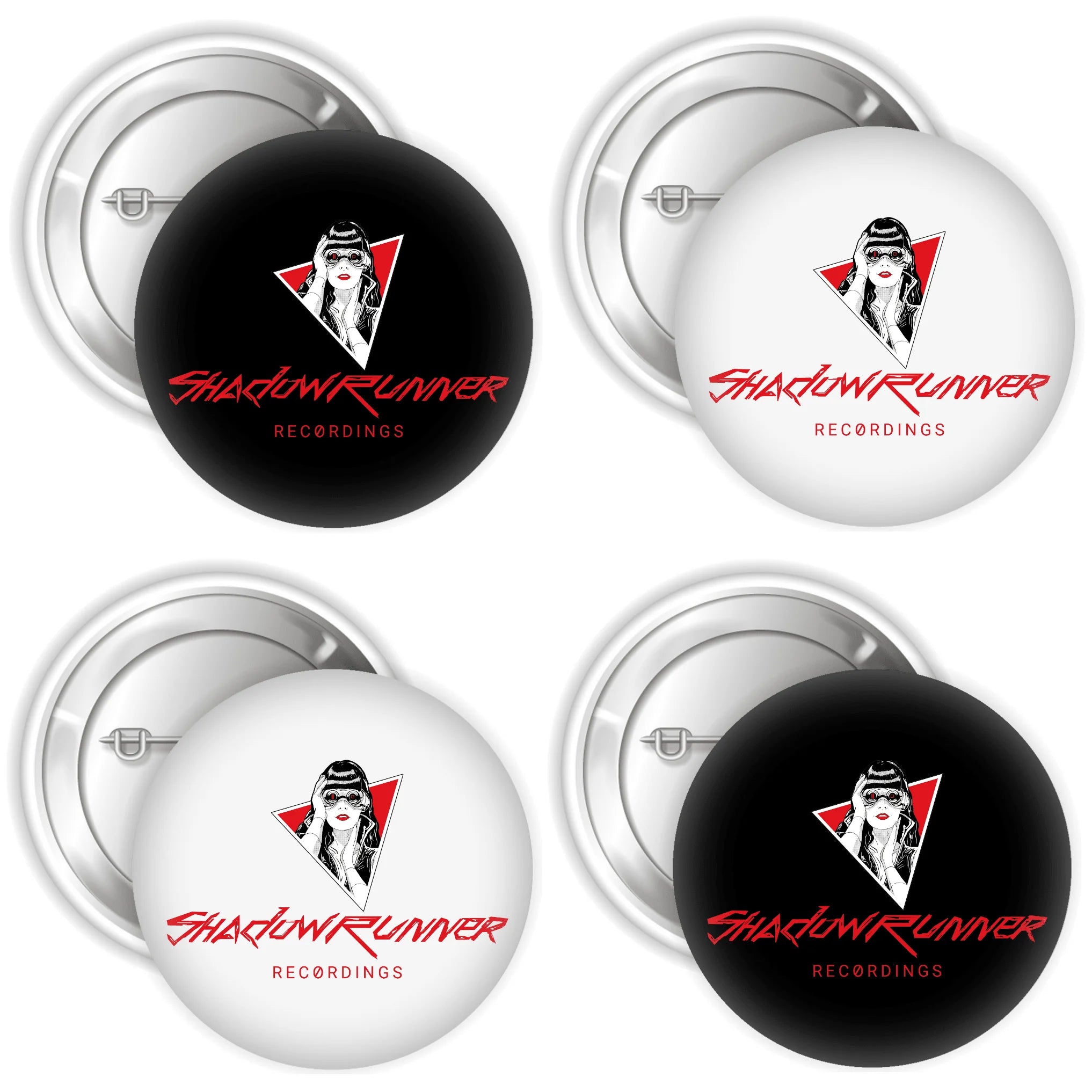 Black and white button badges pack with the Shadowrunner Recordings logo.