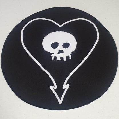 30cm black circular patch with a white skull and love heart