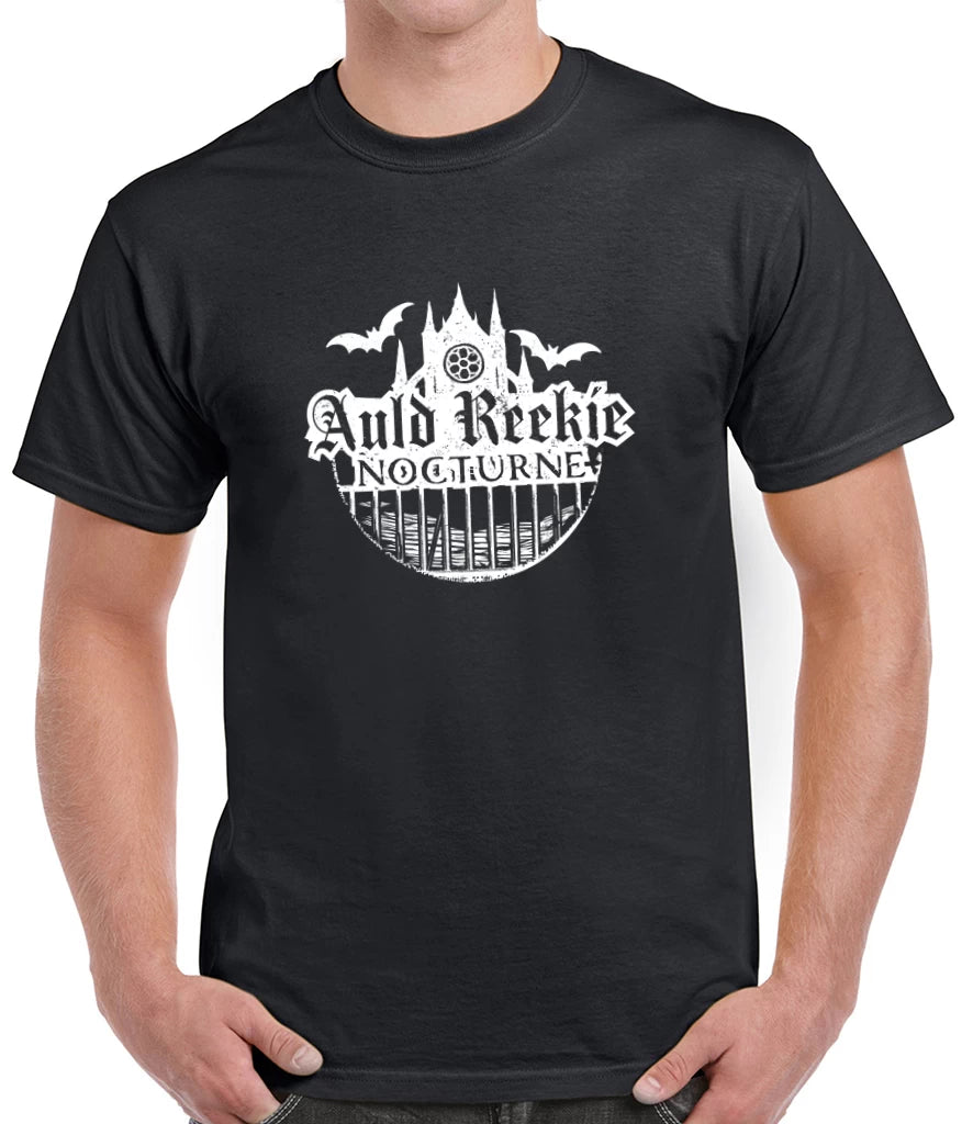 Black t-shirt with white graphic design on a person wearing it.