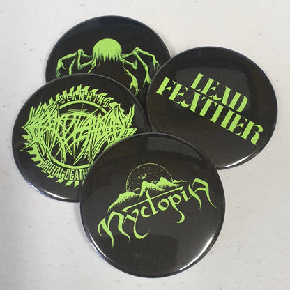 Four black buttons with green text and graphics on a neon green background