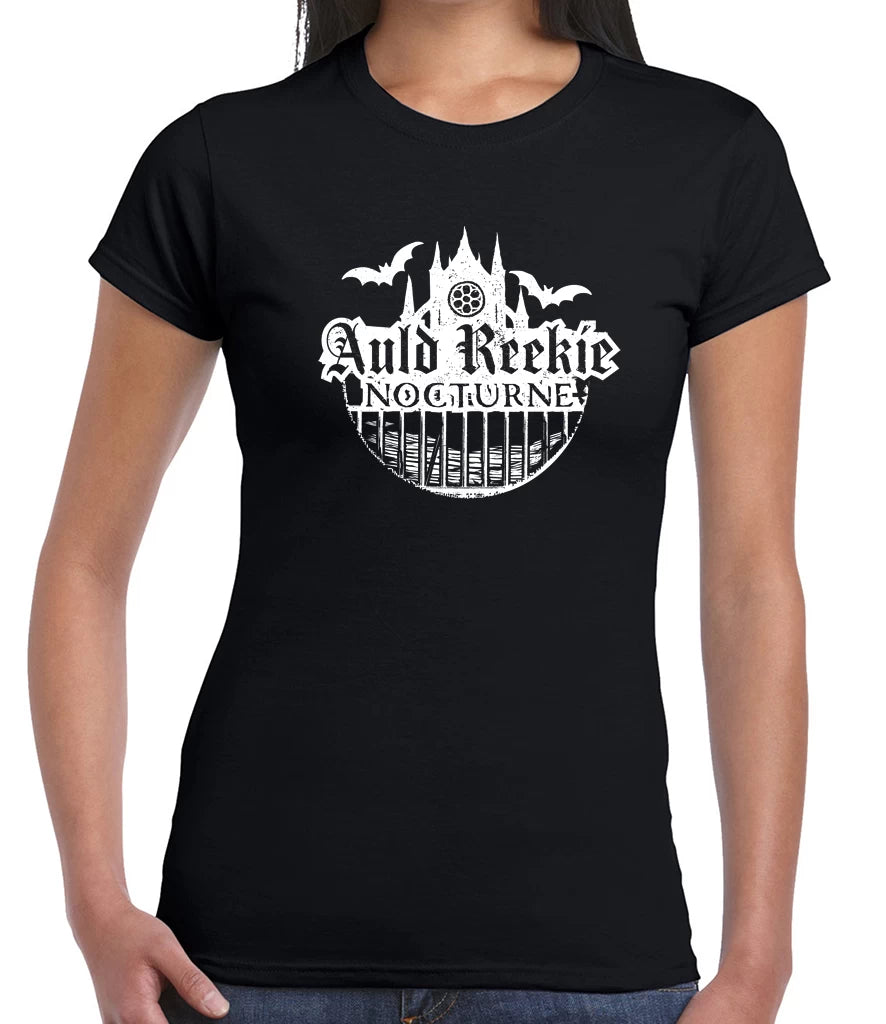 Black t-shirt with white graphic design on a person against a white background