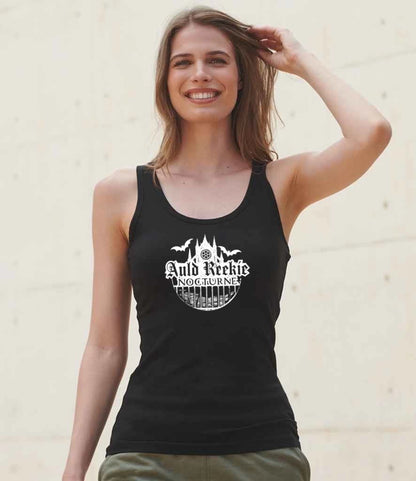 Woman with custom auld reekie nocturne black tank top.