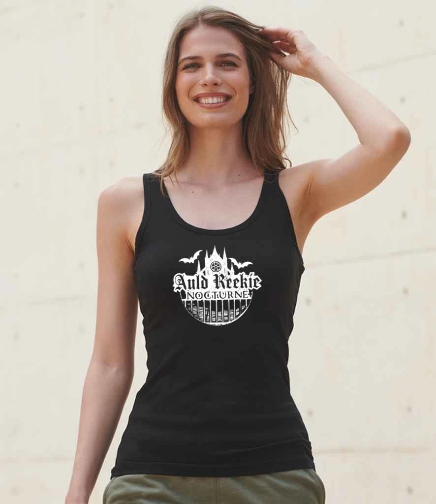Woman with custom auld reekie nocturne black tank top.