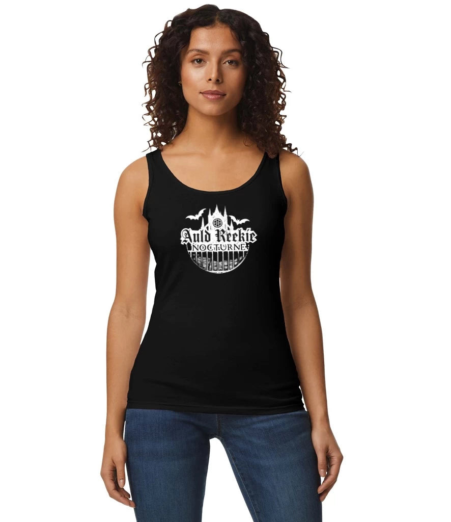 Woman with dark hair and custom auld reekie nocturne black tank top.