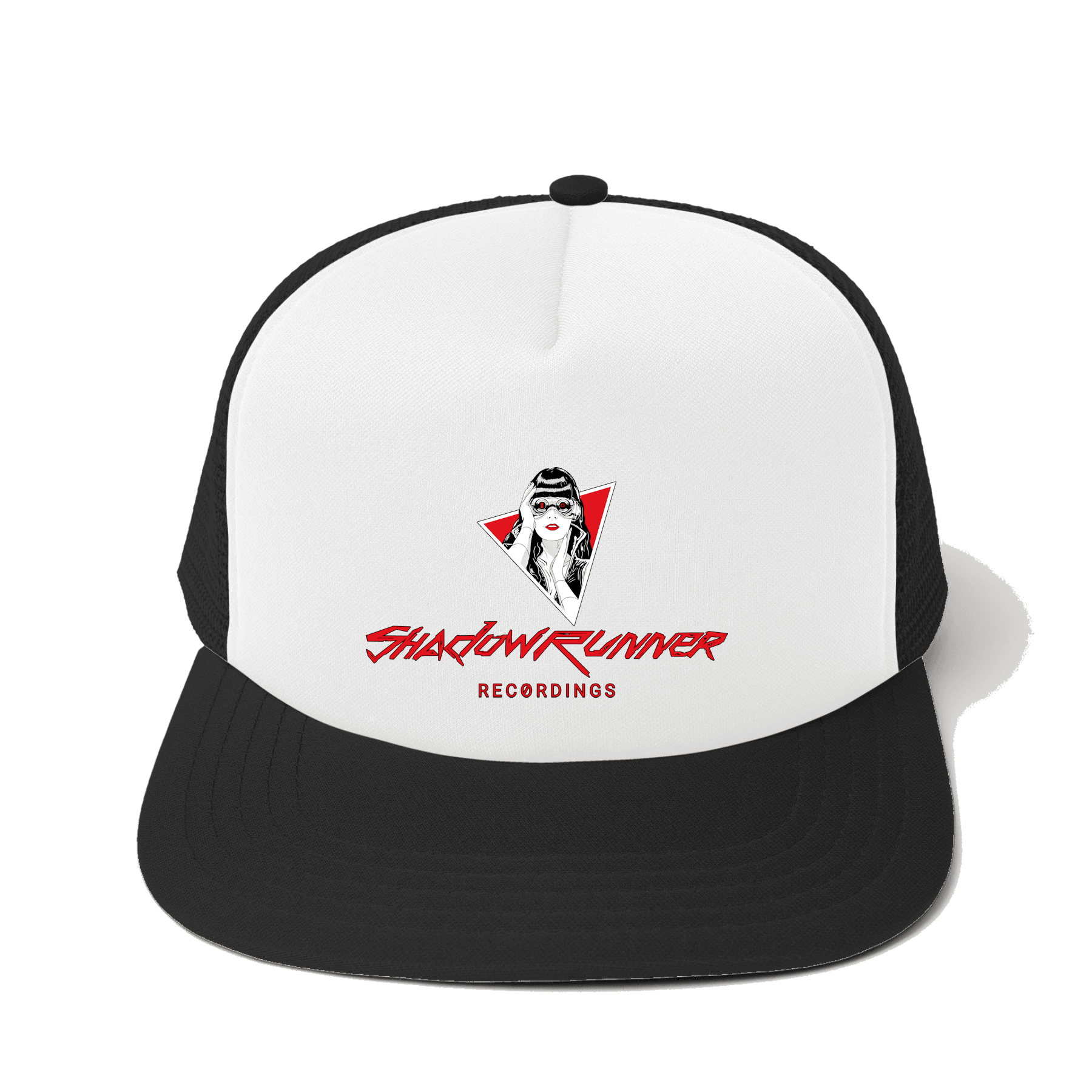 black and white Shadowrunner Recordings Trucker Cap