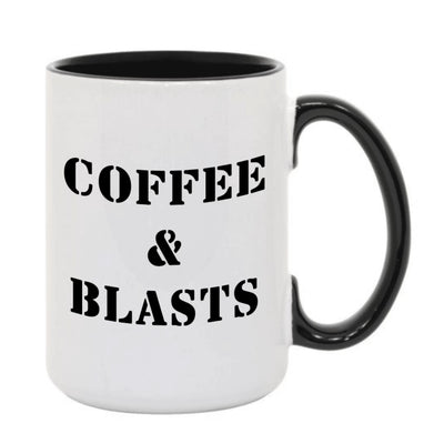 A coffee and blasts black and white mug.