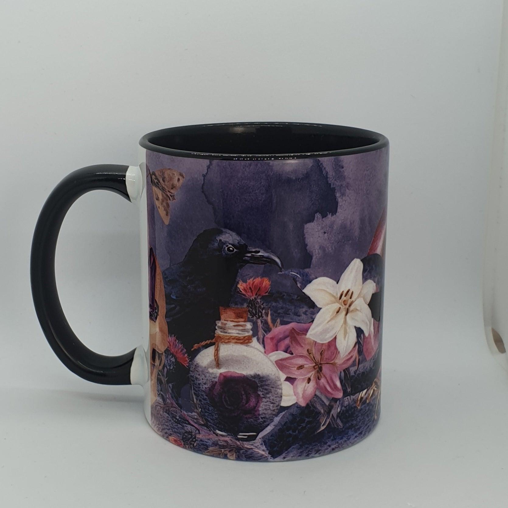 Custom Printed Mug with a crow and  flowers