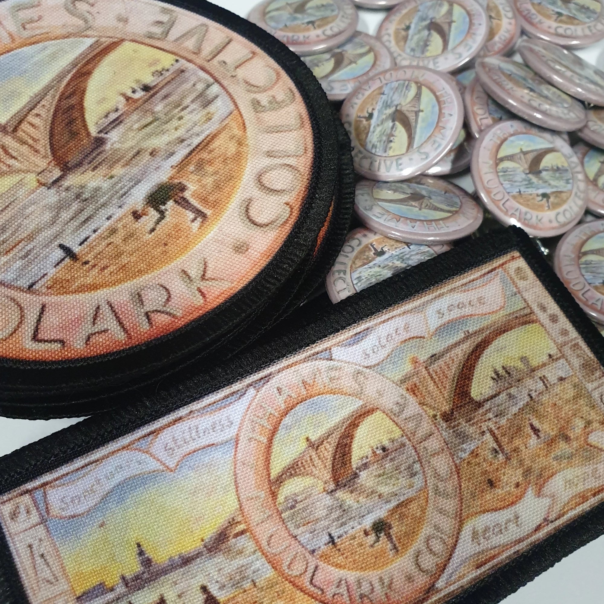 Close-up of the Themes mudlarking collective badges and patches.