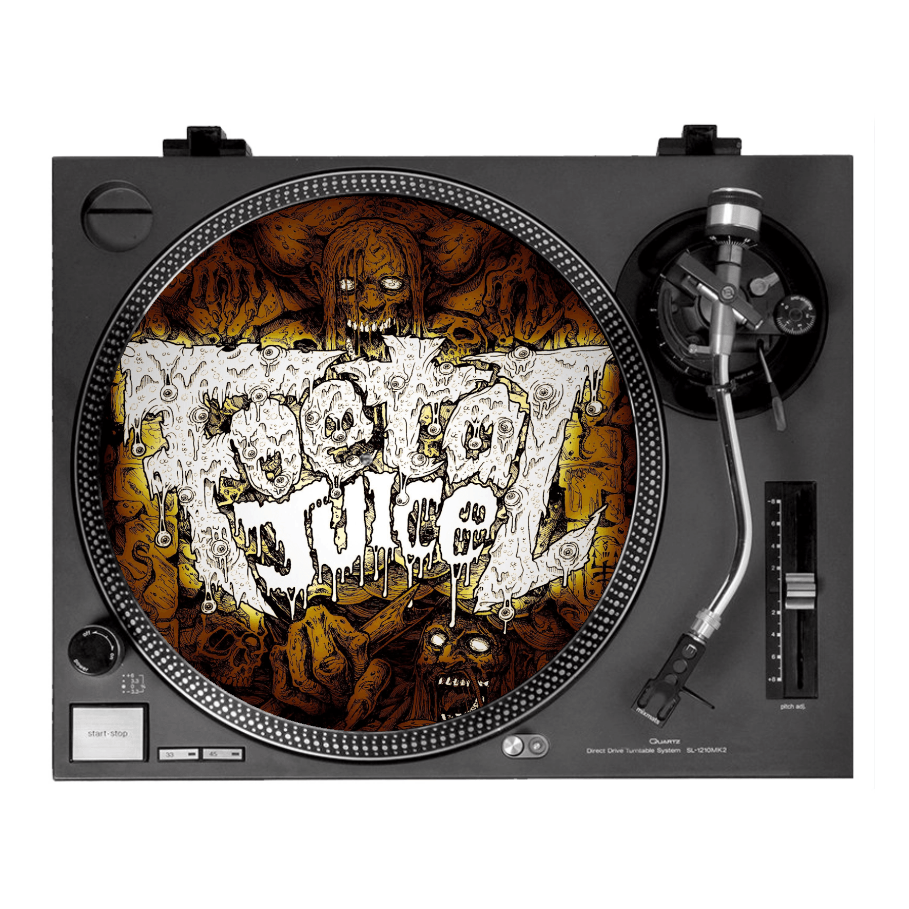 Foetal Juice twelve inch turntable slipmat with more hate more hell yellow and brown design