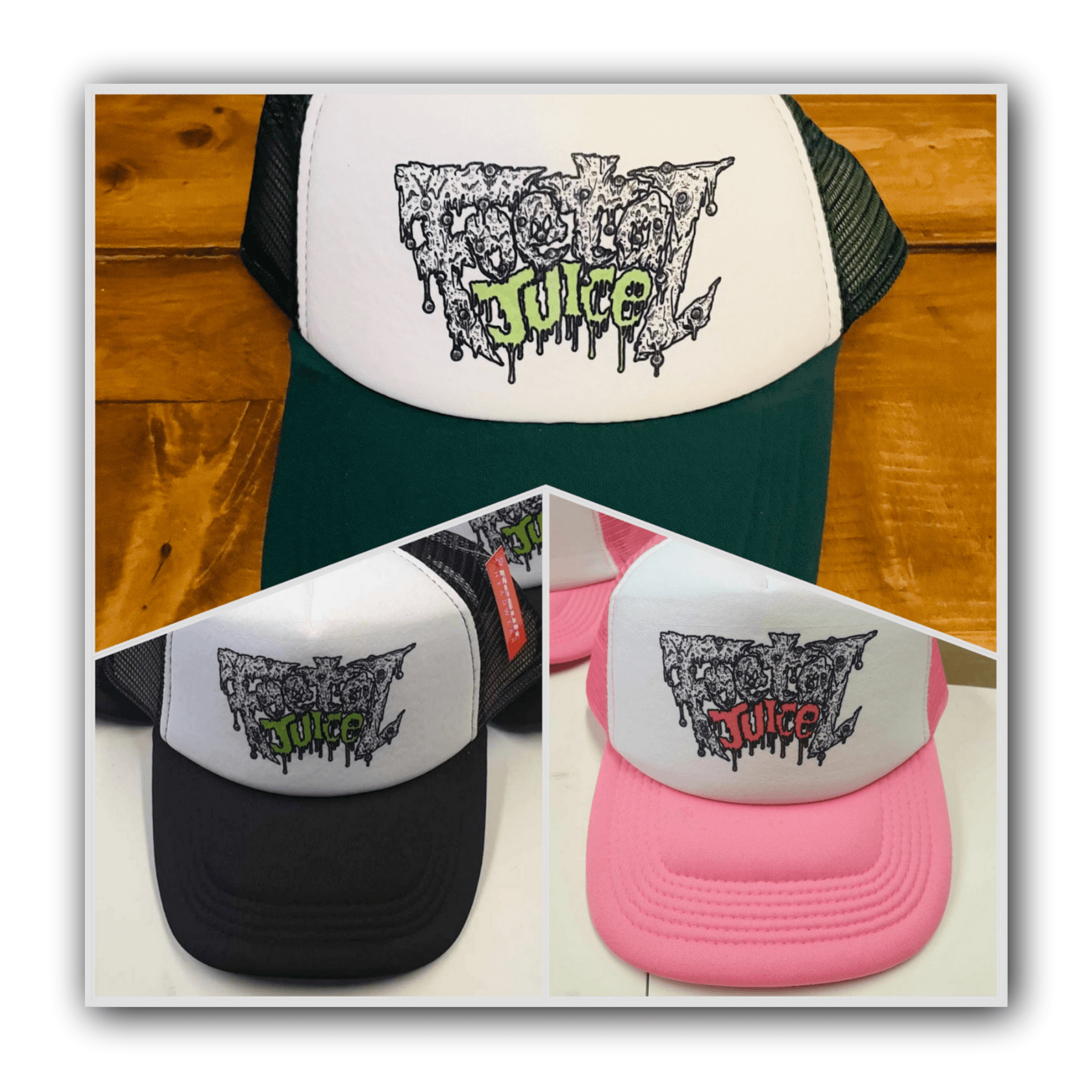 Foetal Juice Logo Trucker Caps in Black, Green & Pink