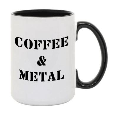A coffee and metal black and white mug.