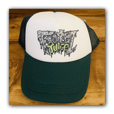 Green Foetal Juice trucker cap with logo print on the front.