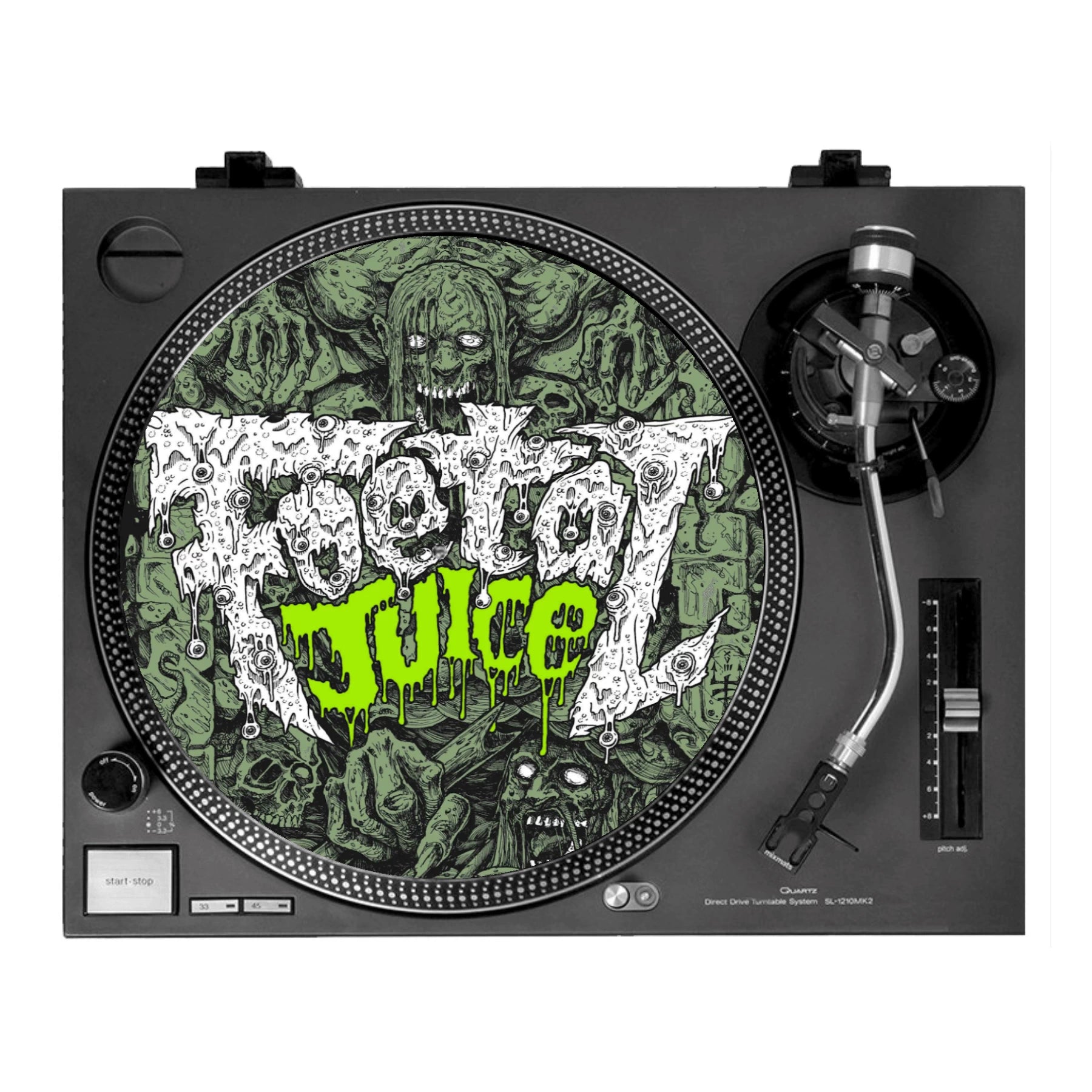 The iconic more hate, more hell by Roberto Toderico vinyl slipmats are decorated in a green finish, keep your vinyls safe when playing them on your turntables.