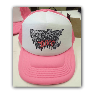 Pink Foetal Juice trucker cap with logo print on the front.