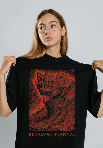 The official Red Crust festival T-shirt 
 with the red design by Hester Aspland.