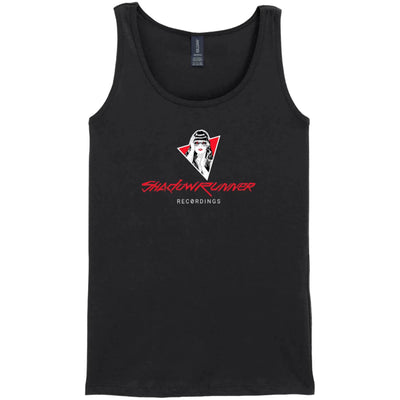 Black Shadowrunner Recordings ladies  tank top with printed logo.