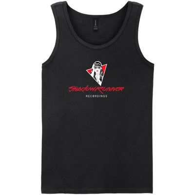 Black Shadowrunner Recordings mens tank top with printed logo.