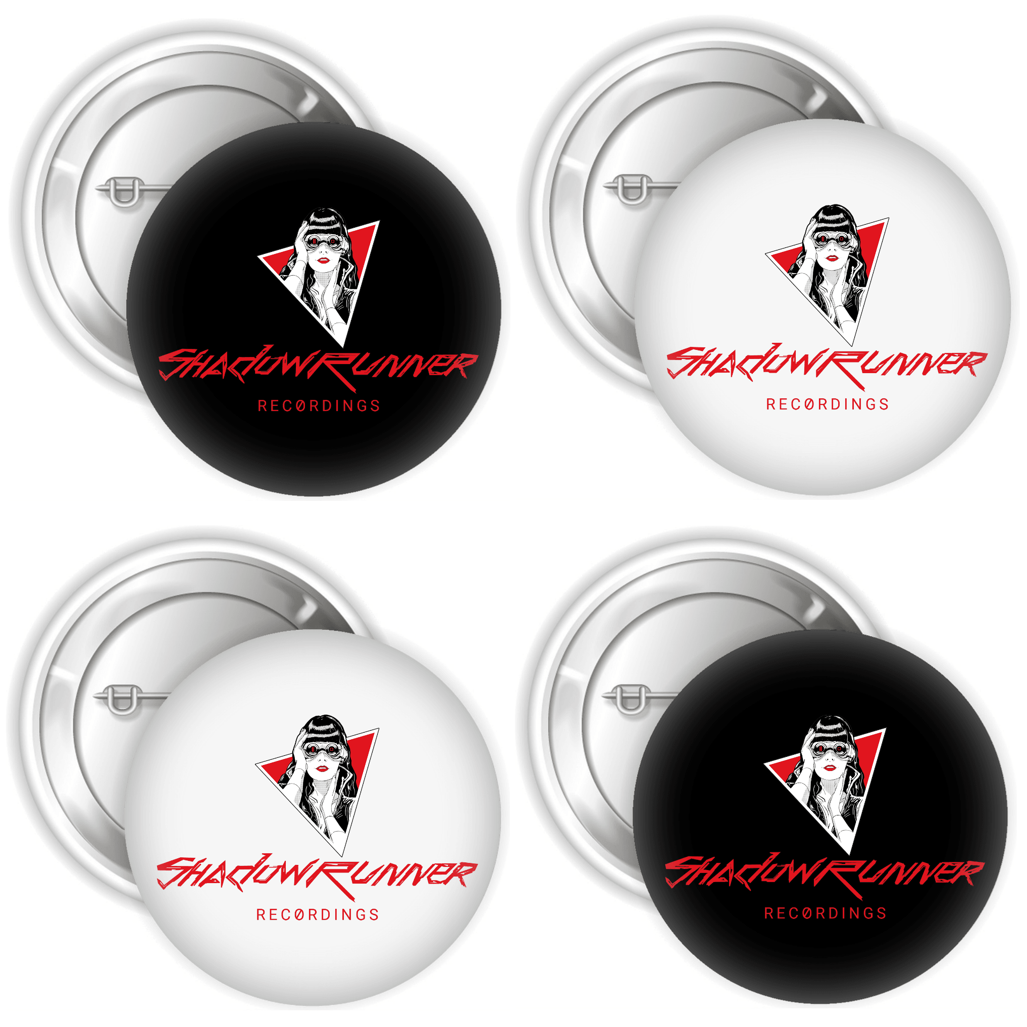 Four Pack of black and white Shadowrunner Recordings Button Badges