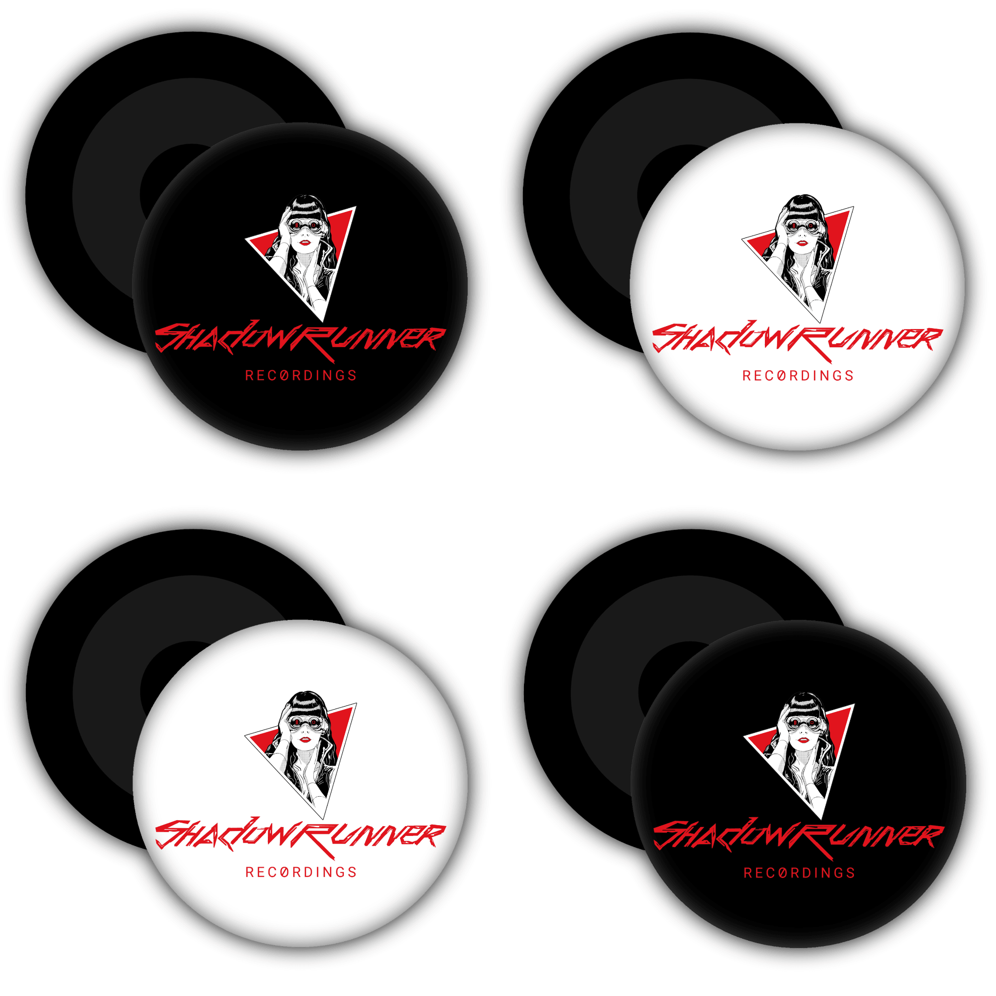 Four Pack of black and white Shadowrunner Recordings Magnets for your refrigerator