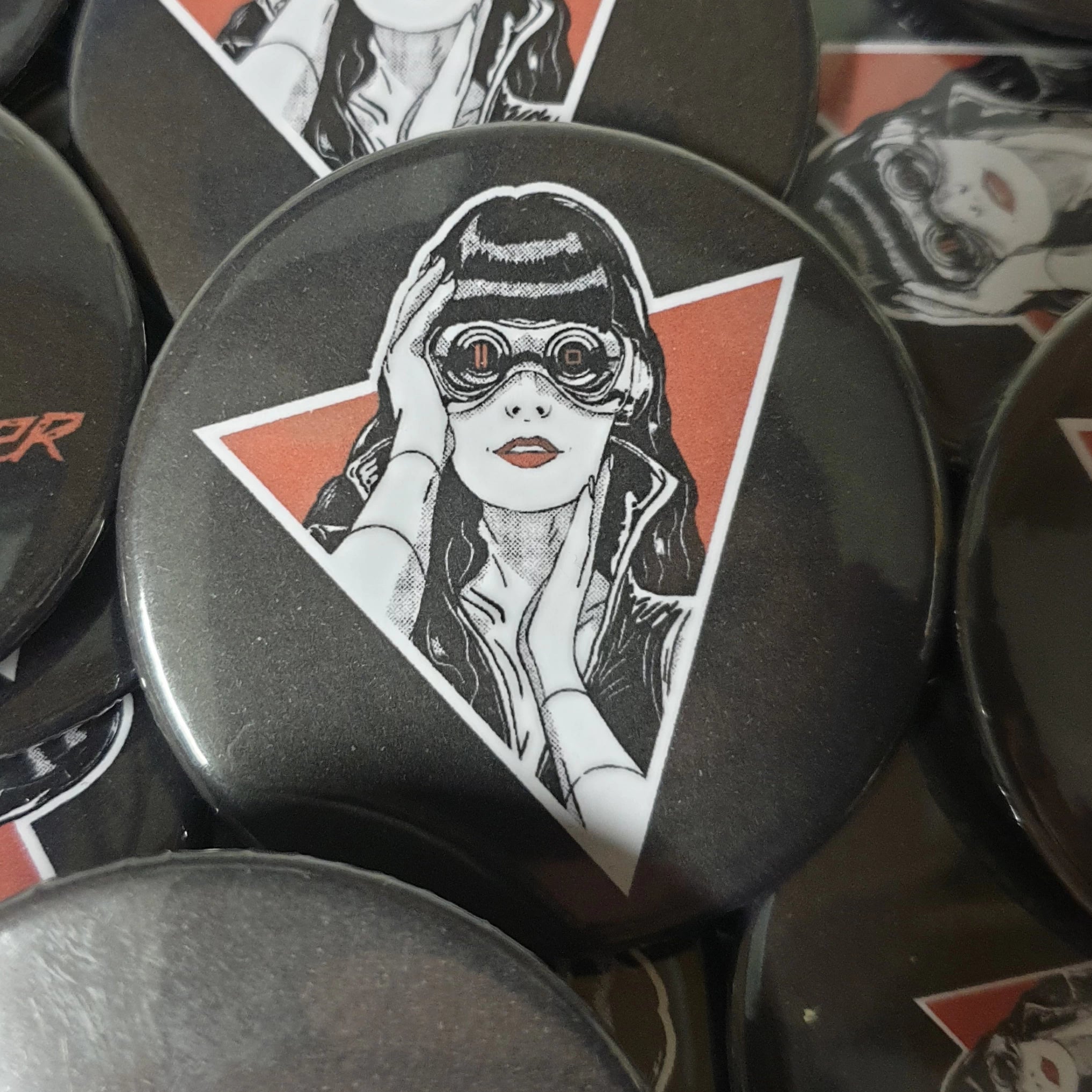 Black Shadowrunner Recordings 59mm icon customised badges.