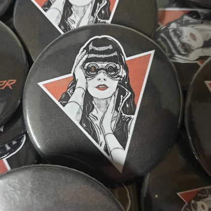 Black Shadowrunner Recordings 59mm icon customised badges.