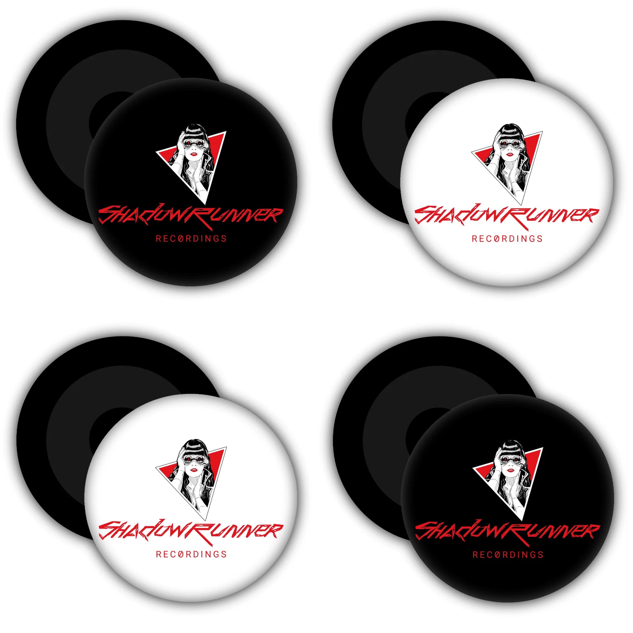 Black and white refrigerator magnets with the Shadowrunnner Recordings logo.