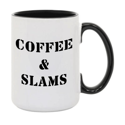 A Coffee and slams black and white mug.