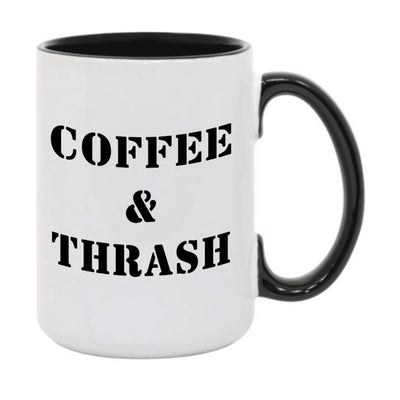A coffee and thrash black and white mug.