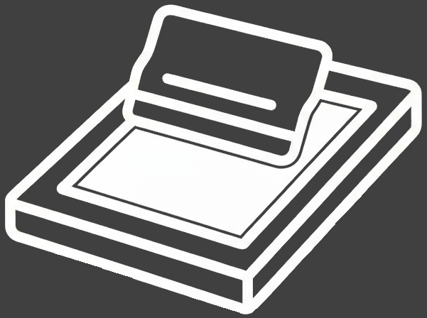 White outline of a screen printing screen and squeegee on a grey background.